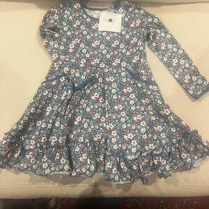 Blue Floral A-Line Dress with Ruched Bodice and Tiered Skirt